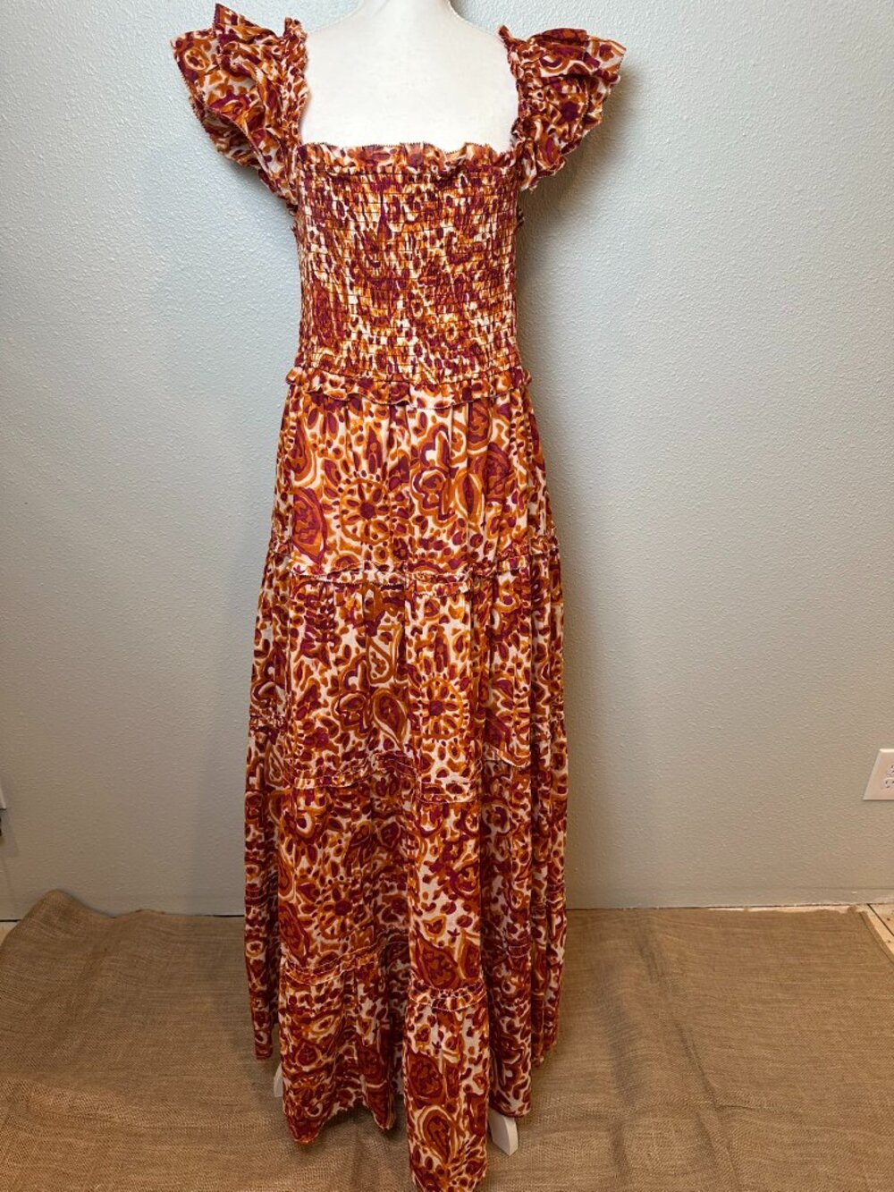House of Harlow 1960 Zoey Orange Floral Tiered Smocked Maxi Dress Size L